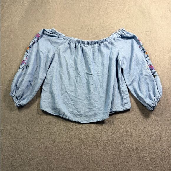 Jealous Tomato Tops - Jealous Tomato Small Light Wash Chambray Embroidered Off The Shoulder Blouse S